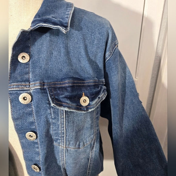 Ashley Stewart Cropped Distressed Denim Jacket Lace Up Detail In Back Sz 18/20 - Picture 5 of 11